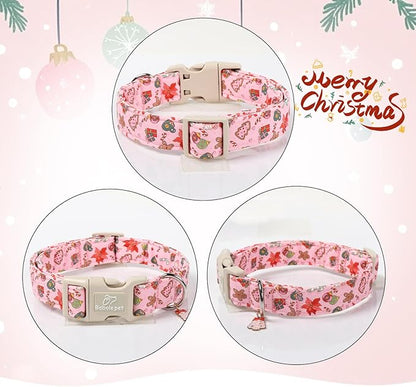 Christmas Dog Collar - Cute Pink Cozy Christmas Puppy Collar with Safety Buckle, Soft Adjustable Holiday Dog Collars for Small Medium Large Dogs L