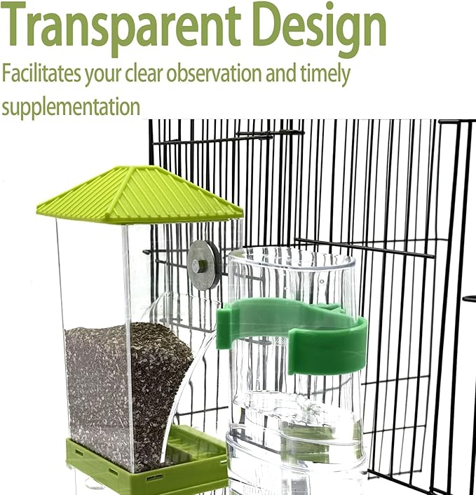 No Mess Bird Feeder Water Dispenser Set, Automatic Parrot Feeder for Cage Transparent Acrylic Food Container Drinker Cage Accessories Parakeet Cockatiel Lovebird Finch (Green)