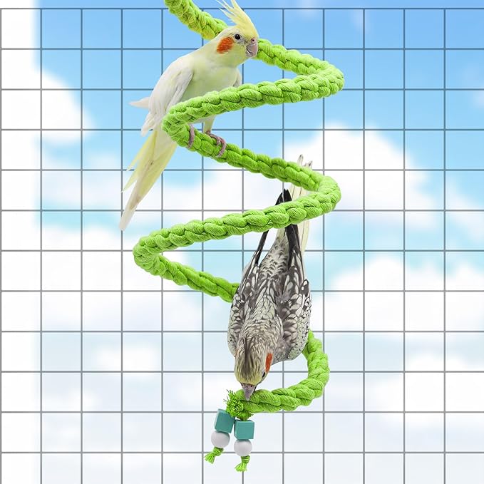 Spiral Rope Perch & Swing - Bird Cage Stand Pole Accessory - Climbing Toy for Parakeets, Budgies, Lovebirds & Cockatiels