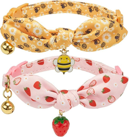 2 Pack Cotton Cat Collar, Removable Bowtie, Floral Pattern, Safety Breakaway Clasp, Adjustable for Cats.(Adult Cat, Bee+Strawberry)