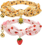 2 Pack Cotton Cat Collar, Removable Bowtie, Floral Pattern, Safety Breakaway Clasp, Adjustable for Cats.(Adult Cat, Bee+Strawberry)