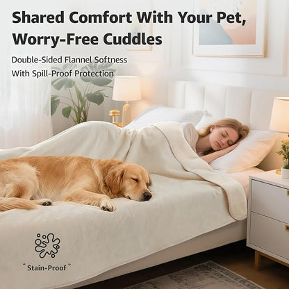 LOOBANI Waterproof Blanket for Bed: Reversible Soft Flannel Twin Bed Blanket 60" x 80", Leakproof Throw Spill-Proof Dog Pet Blanket for Couch, Sofa Protect, Movie Time, Camping, Travel, Beige