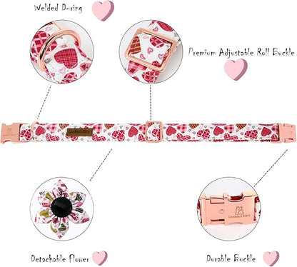 Lionheart Glory Heart Dog Collar, Valentine's Day Dog Collars with Flower, Cute Floral Pattern Pet Collars Adjustable Collar for X-Small Dogs