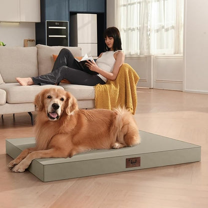 Outdoor Extra Large Dog Crate Bed, XXL Waterproof Dog Bed for Giant Breeds Dogs, 47x29 Inch Orthopedic Egg Crate Foam Pet Mat with Removable Cooling Cover, Khaki