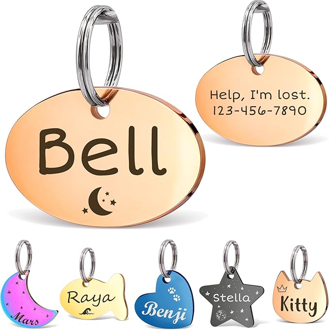 Anavia Small Size Dog Cat ID Tags, Small/XS Personalized Color Plated Stainless Steel Puppy Kitten Name Tags, Customized Engraved Nameplate Pet Collar Tag (Rose Gold, Oval)