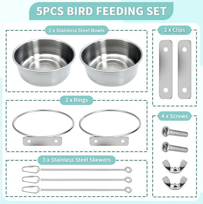 2 Pcs Bird Feeder Bowls with 3 Pcs Food Holder for Cage, Parrot Food Water Bowls and Fruit Skewer Foraging Toy, Stainless Steel Bird Feeding Dish Cups for Small Animals (Silvery, 5 Pcs)