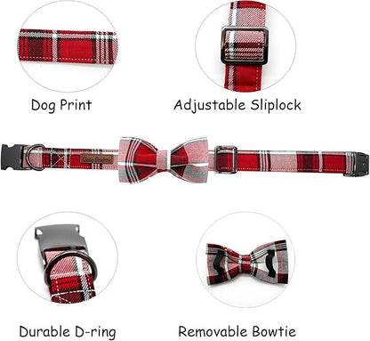 Dog Collar, Christmas Dog Collar Plaid Pet Collar Bow Holiday Bows Girl Boy Puppy Collar Adjustable Pet Collar for Large Dogs