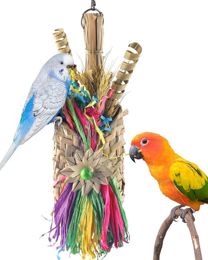 Bissap Bird Chew Toys, Parrot Foraging Shredder Natural Palm Frond Woven Bag Hanging Cage Toy with Chewing Treats for Conure Budgie Cockatiel Cockatoos and Similar Sized Pet Birds