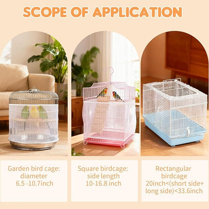 Bird Cage Cover, Circumference 40-68 inches Bird Cage Seed Catcher, White Bird Cage Net Cover, Adjustable Bird Cage Netting for Parrot Enclosures, Round Square Cages