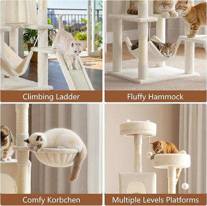 Large Cat Tree 75 Inch, Multi-Level Tall Cat Tree Tower with Condo, Perches, Sisal Scratching Posts Board and Hammock, Pet Play House with Dangling Balls for Indoor Cats, Beige