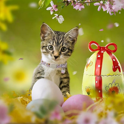 Lionet Paws 2pcs Pack Easter Cotton Cat Collar,Breakaway Buckle with Rabbit and Floral Eggs Cute Adjustable Green Cat Kitten Collar,Ideal for Girl Cats Boy Cats