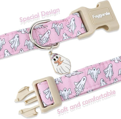 Faygarsle Pink Ghost Pattern Dog Collar with Charm, Halloween Pet Necklace, Adjustable Collar for Small Medium Large Dogs S