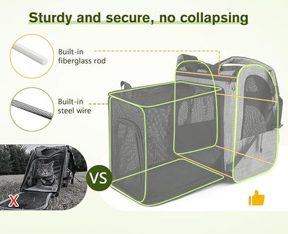 Pecute Cat Backpack Carrier XL, Expandable Pet Backpack Curtain Design for Cats Dogs Up to 15lbs, with 4-Side Breathable Mesh, Multi-Entry & Lockable Zippers for Travel, Hiking, Camping - Hands Free