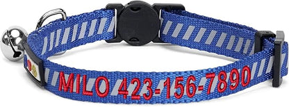 Pawtitas Personalized Blue Reflective Cat Collar – Adjustable Custom Collar with Safety Buckle, Removable Bell, and Engraved Name & Phone Number for Kittens and Adult Cats