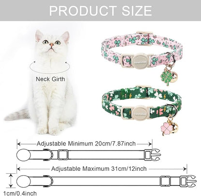 Lionet Paws 2pcs Pack St. Patrick Cotton Cat Collar,Breakaway Buckle with Green Clover and Rainbow Adjustable Pink Cat Kitten Collar,Ideal for Girl Cats Boy