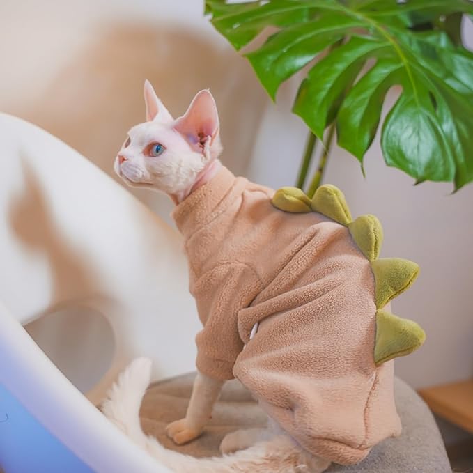 Dinosaur Sphynx Cat Clothes, Soft Polar Fleece Sweater for Cat, Elastic Pet Clothes Thick Winter Warm Outfit for Hairless Cat, Devon, Cornish, Small Dogs Apparel with Sleeves (Khaki, XX-Large)