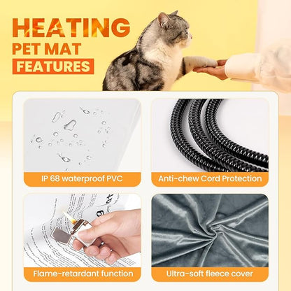 Indoor Heated Cat House, Adjustable Temperature Cat Heating Bed with Timer and Chew Resistant Cord, Large Cat House with Heating Pad for Small Medium and Large Cats