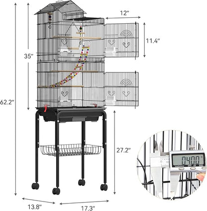 YITAHOME 62 Inch Large Bird Cage - Metal Flight Cage with Rolling Stand, Feeding Doors & Hanging Accessories for Parrots Cockatiels Conures Lovebirds Parakeets Small Birds