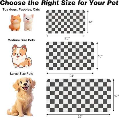 Checkered Dog Food Mat, Absorbent Leak-Proof Pet Feeding Mat, Quick Dry Cat Food Mat for Messy Drinkers 16" x 24" Black