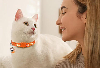 4PCS Cat Collar with Bells,Breakaway Cat Collars,Moons Stars Cute Kitty Adjustable Safe Kitten Collars Pendant Glow in The Dark,Cat Collars for Boy Cats 8.0-13.0 Inch(Black&Grey&Deep Green&Orange)