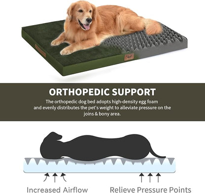 Plush Orthopedic Dog Bed for Medium Dogs & Puppies, Waterproof Dog Beds 29x18 Inch with Removable Washable Cover, Egg Crate Foam Flat Pet Mat, Olive Green
