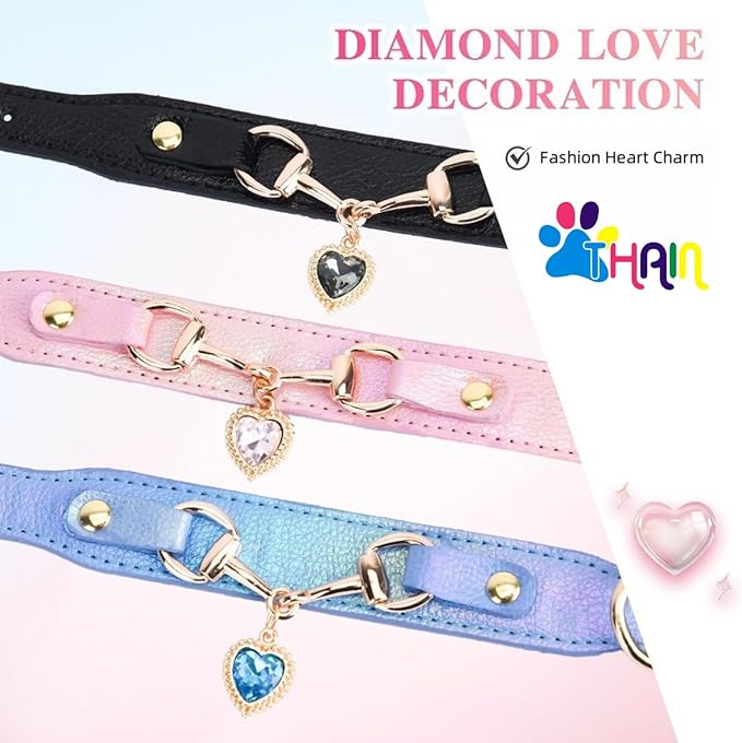 THAIN Fashion Dog Collar with Bling Diamonds & Heart Charm – 5 Holes Adjustable PU Leather Rhinestones Necklace Collar, Gold Buckle for Small Medium Dogs boy (Blue, S)