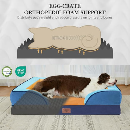 Comfort Expression Orthopedic Dog Bed for Extra Large Dogs 42x30 Inch, Waterproof Egg Crate Foam XL Pet Bed with Removable Bolsters, Dog Couch with Washable Cover & Non-Slip Bottom, Golden Harbor