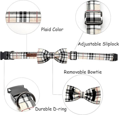 Dog Collar, Bow Dog Collar Plaid Pet Collar Dog Cute Pet Bow Soft Girl or Boy Dog Collars with Metal Buckle Adjustable Collar for X-Large Dogs
