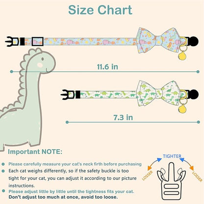 Faygarsle 2 Pack Cat Collar with Bell Breakaway Bowtie for Male Female Cats Soft Fancy Blue Green Dinosaurs Pattern Spring Summer Cat Collar for Boy Girl Cats