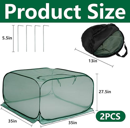 2 Pcs Pop Up Mesh Plant Cover, 35" x 35" x 27.5" Foldable Plant Protector Mesh Plant Enclosure, Garden Net Cage Guard Cover with 8 Ground Stakes for Protecting Plant Vegetable Fruit from Birds Insects