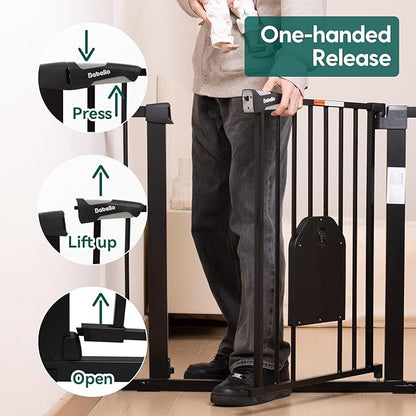Babelio 36" Tall Auto Close Baby Gate with Small Cat Door, 29-43" Metal Cat Gate for Doorway, Stairs, House. Easy Walk Thru Dog Gate with pet Door, Includes 4 Wall Cups and 3 Extension Pieces, Black