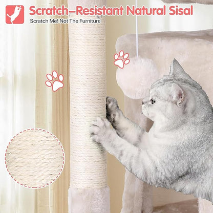 70in Cat Tree Cat Climbing Tower with Scratching Post, Cats House Perch Kitten Tree Condo Wood Playhouse, Pet Trees Tower for Indoor Cats, Beige