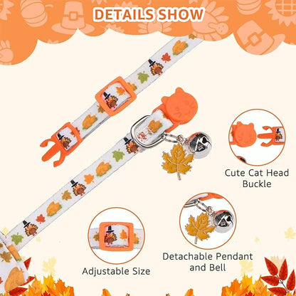 SCENEREAL Fall Thanksgiving Cat Bandana Collar with Bell Bowtie - 2 Pack Breakaway Kitten Collars, Adjustable Cute Pet Accessories for Cats and Small Dogs