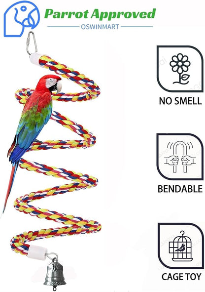 63'' Bird Rope Perches Birdcage Swing Toys 100% Cotton Natural Bird Perch Peck/Chewing with Vintage Bell Climbing Standing Bungee Parrot Toys for Small to Regular Size Parrot Cockatiel Birds