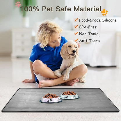 Largest Dog Food Mat, 48"x32" Silicone Dog and Cat Mat for Food and Water Bowls, Thinken Waterproof Non-Slip XXXL Pet Feeding Mat for Floors (Black)