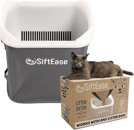 Cat Litter Sifter - SiftEase Litter Box Sifting, Fast & Easy Scoop Free Cleaner, Large Sifter with Bin for Longer Lasting Litter (Dark Grey)