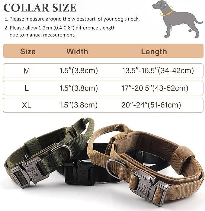 Tactical Dog Collar, Adjustable Military Training Nylon Dog Collar with Control Handle and Heavy Quick-Release Metal Buckle for Small Medium Large Dogs, Green L