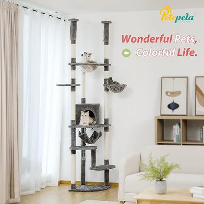 PETEPELA Floor to Ceiling Cat Tree, 92.9''-101.6''Height Adjustable Cat Tower Tall Cat Climbing Play House, Cozy Condo, Scratching Post and Spacious Hammock for Indoor Cats Large Adult, Gray