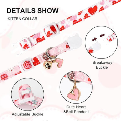 2 Pack Valentine's Day Cat Collar with Bell,Unique Style Paws Valentine's Day Cat Collar with Breakaway Buckle,Adjustable Puppy Collar with Cute Heat Love Pattern,Ideal Gift for Boy Girl Cats