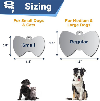 GoTags Stainless Steel Pet ID Tags, Personalized Dog Tags and Cat Tags, up to 8 Lines of Custom Text, Engraved on Both Sides, in Bone, Round, Heart, Bowtie and More (Bow Tie, Small (Pack of 1))