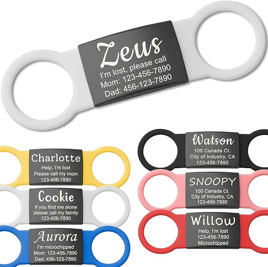 Anavia Slide On Silent Pet ID Tags, S/M/L/XL Personalized Black Stainless Steel Colored Silicone Cat Dog Name Tag, Customized Engraved Nameplate, Quiet Chew-Proof Pet Collar Tag (White, X-Large)