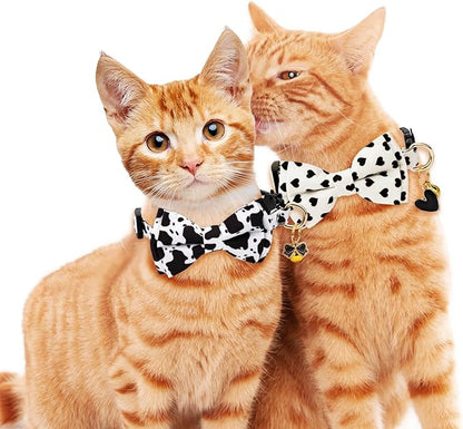 2 Pack Cotton Cat Collar with Bow Tie and Bell for Male Female Cats,Soft Fancy Breakaway Kitty Kitten Collar with Ghost& Pumpkin Patterned Design for Boy Girl Cats. (Cow&Heart)