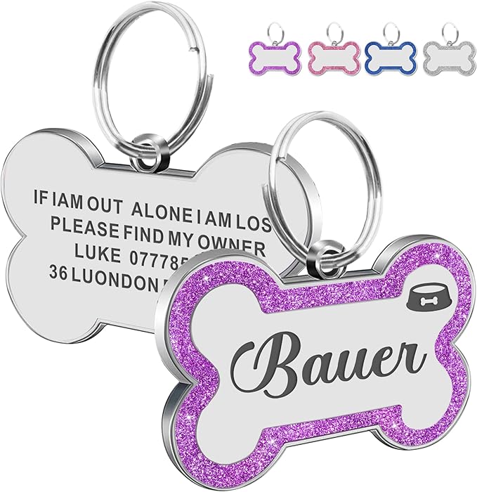 Dog Tags Personalized for Pets Dog Name Tags Personalized Dog Tag Engraved with Any Name & Text Custom Dog ID Tags Glitter Bone ID Tag for Puppy Cat (Purple S, Bone)