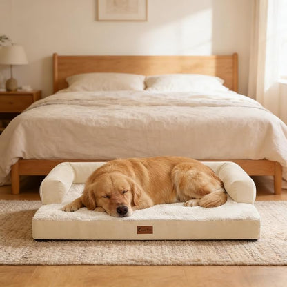 Orthopedic Dog Beds for Extra Large Dogs, Waterproof Egg Crate Foam XL Dog Bed with Sides 45x35Inch, Big Dogs Couch Beds with Removable Washable Cover and Nonskid Bottom, Beige