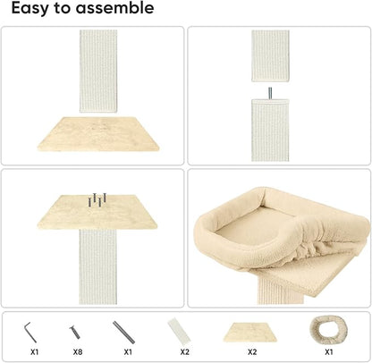 AGYM Cat Scratching Post, 32”Cat Scratcher with Large Plush Perch, Sisal & Carpet Scratching Post, Vertical Posts with Elevated Bed for Indoor Cats, Removable& Washable Cover, Beige