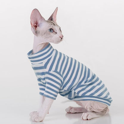 PUMYPOREITY Sphynx Cat Clothes - Soft Hairless Shirt With Sleeves, Stretchy Sweater, Pullover Pajamas Jumpsuit, Turtleneck Outfit for Sphynx Cornish Rex, Devon Rex - Blue, XL