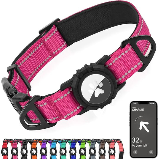 Joytale Airtag Dog Collar, Reflective Pet Collar with Waterproof AirTag Holder, Dual D-Rings, Soft Padded Adjustable for Small Dogs, Hotpink, S