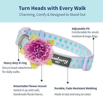 Blueberry Pet Dog Collar - Adjustable Flocking Puppy Collar with Silk Flower, Polka Dot in Pastel Purple, Medium 14.5"-20" - Pink Dog Collars for Small Dogs, Girl Dog Collars