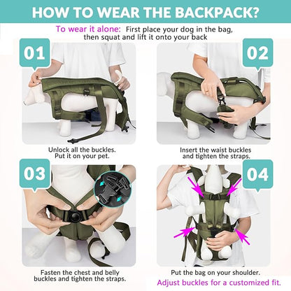 Lukovee Dog Backpack Carrier, Legs Out Easy-fit Dog Front Carrier for Small Medium Dogs, Adjustable Hands Free Dog Chest Carrier for Hiking Cycling (Green-4,Medium)