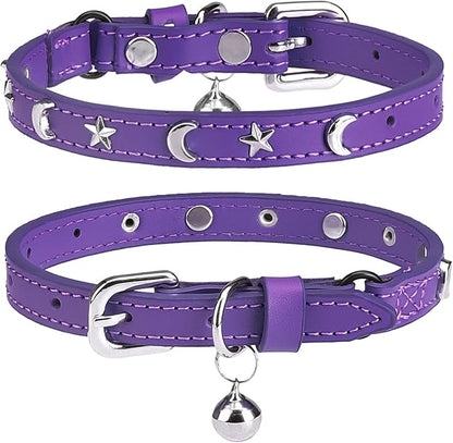 Leather Cat Collars for Boy Girl Cats with Bell and Safety Elastic Belt, Personalized Star and Moon Stud Adjustable Safe Buckle Collar for Kitty Small Big Cats Size 7-9 Inch, Purple